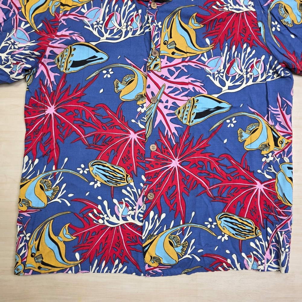 Reyn Spooner Joe Kealoha Mens Large Hawaiian Shirt Rayon Tropical Fish Blue Red - Picture 4 of 7
